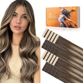 DOORES Invisi Edge Tape in Hair Extensions, Chocolate Brown to Honey Blonde 10 Injection Tape-ins with 10 Classic Tape-ins 50g 24 Inch, Virgin Hair Injection Tape in Extensions