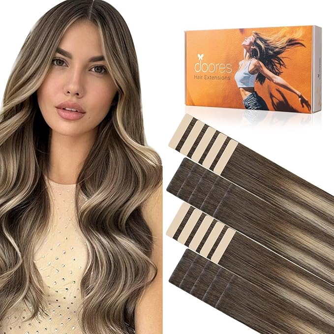 DOORES Invisi Edge Tape in Hair Extensions, Chocolate Brown to Honey Blonde 10 Injection Tape-ins with 10 Classic Tape-ins 50g 24 Inch, Virgin Hair Injection Tape in Extensions