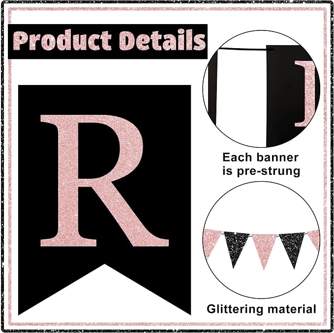 Happy Retirement Banner Rose Gold and Black Retirement Banner Glittery Pennant - Image 3