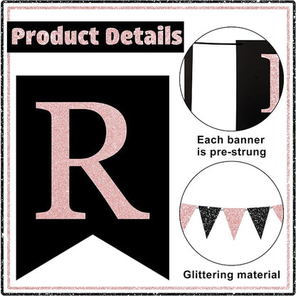 Happy Retirement Banner Rose Gold and Black Retirement Banner Glittery Pennant - Image 3