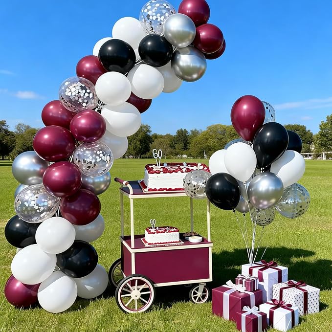 FunHot Maroon Balloons, 12 Inch Burgundy Metallic Silver Confetti Latex Balloons - Image 6