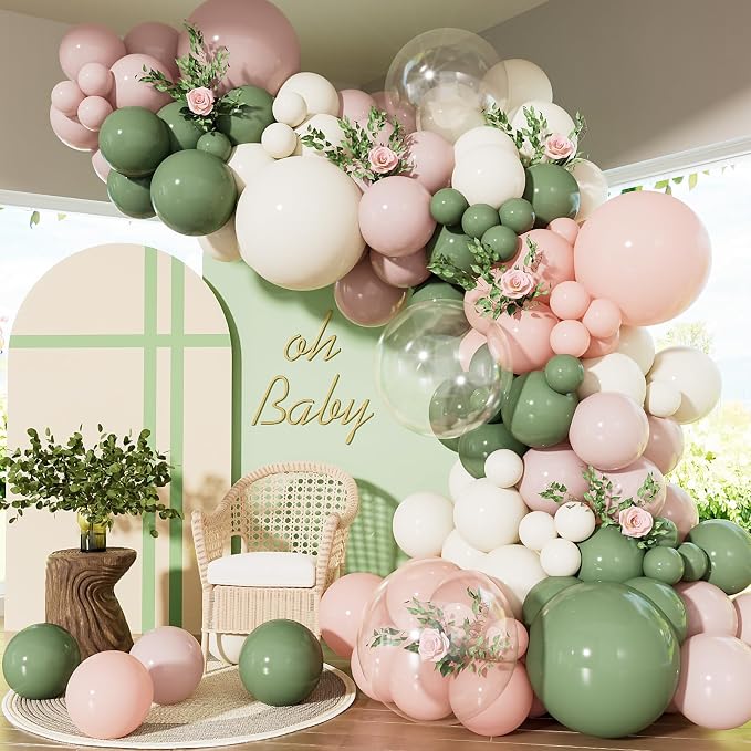 Baby in Bloom Balloon Arch Garland Kit, Sage Green Sand White Balloons by Adeyoo