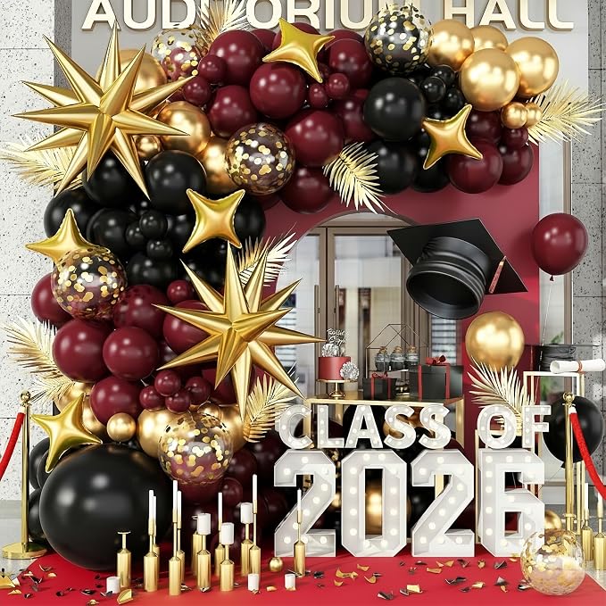 Black Burgundy Gold Balloons Arch Kit, Maroon Black Gold Balloons Arch Garland by TAOYE