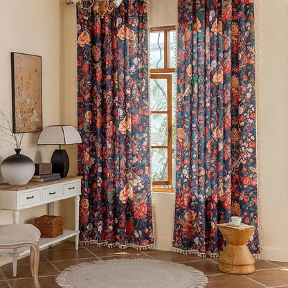 Floral Rod Pocket Semi Sheer 96 Inch Curtains 2 Panels - Image 2