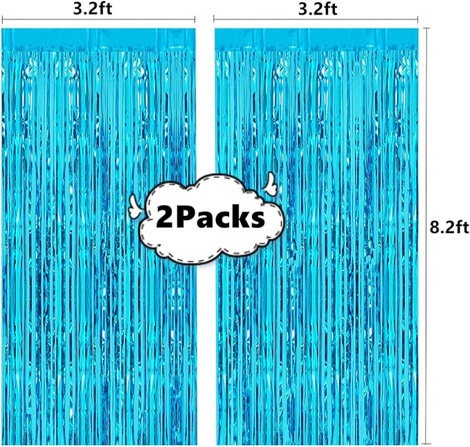 Light Blue Tinsel Foil Fringe Curtain, Photo Booth Backdrop | 2 Pcs 3.2ft x - Image 3