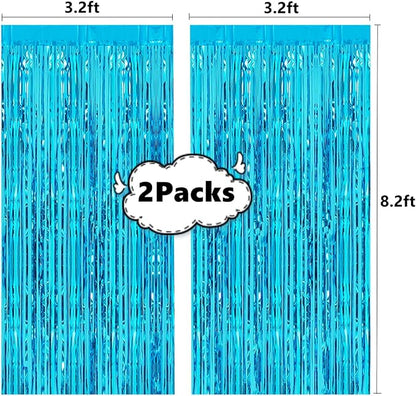 Light Blue Tinsel Foil Fringe Curtain, Photo Booth Backdrop | 2 Pcs 3.2ft x - Image 3