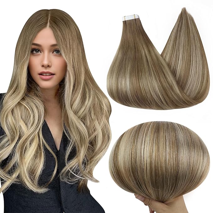Full Shine Tape in Hair Extensions Human Hair Short 12Inch Blonde Adhesive Tape in Extensions Color 6 Fading to 6 Brown and 60 Platinum Blonde 30G 20Pcs Remy Seamless Tape in Balayage Hair Extensions