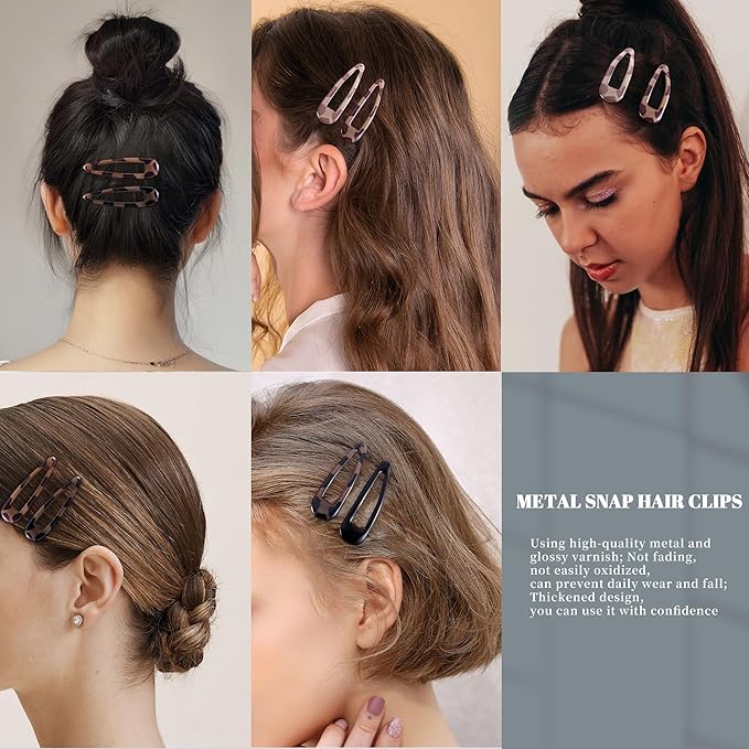 20 PCS Metal Snap Hair Clips Water Drop No Slip Barrettes for Women Bright Small Hair Clips For Thick And Thin Fine Hair,Black Tortoiseshell,1.97 x 0.5 In.