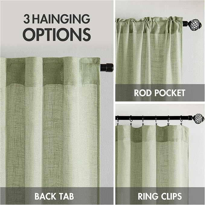MIULEE Sage Green Linen Curtains 52x63 Inch Length 2 Panels - Image 3