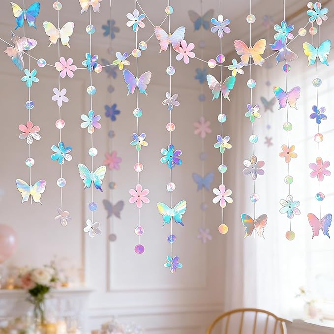 6 Pack Each 13Ft Iridescent Butterfly Garland Holographic Banner | Double Side - Image 4