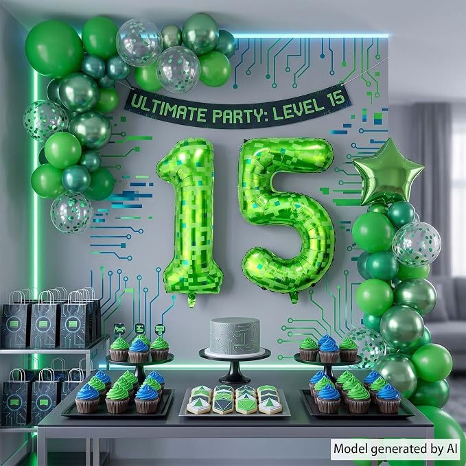 40 Inch Lime Green Pixel Number 15 Balloon, 15th Gamer Boy Party Decor | Huge - Image 7