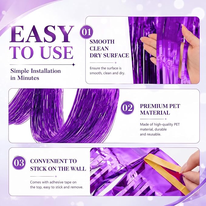 4 Pcs Purple 15ft Metallic Foil Ceiling Fringe Curtains, Party Decor Fringe - Image 3