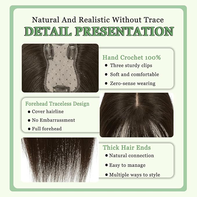 Hair Toppers for Women Real Human Hair, 360°3D Bangs Clip Human Toppers for Women with Thinning hair Realistic Scalp Line (Medium Brown, 3D Wispy Bangs(11 * 7))