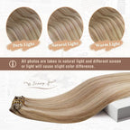 Ve Sunny Clip in Hair Extensions Highlights Human Hair Clip in Extensions Dark Ash Blonde Highlights Light Blonde Hair Extensions Clip ins Short Straight Flexible Hair for Women 7pcs 14inch 100g
