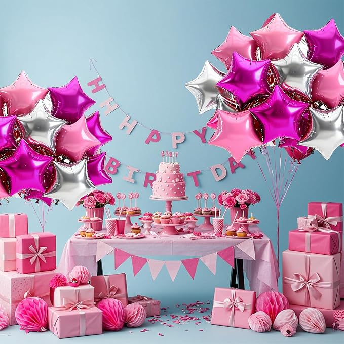 TONIFUL 15Pcs Star Balloons 18Inch Large Hot Pink Silver Pink Foil Balloons | - Image 6