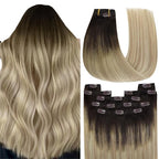 YoungSee Balayage Clip in Hair Extensions Medium Brown Ombre Golden Mix Platinum Blonde Balayage Clip in Extensions Invisible Clip in Human Hair Extensions Easy to Install 18Inch 120G 7Pcs