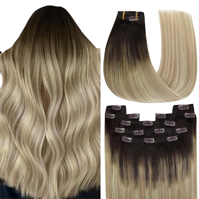 YoungSee 135G Clip in Human Hair Extension Ombre Real Hair Extension Clip in Human Hair Medium Brown Ombre Golden Blonde Mix Platinum Blonde Balayage Real Human Hair Extensions Clip ins 18Inch 7Pcs