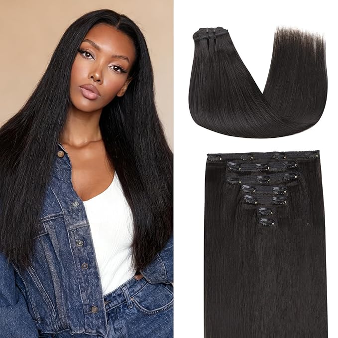 Lashey Clip in Hair Extensions Human Hair Light Yaki Straight 14 Inch 7pcs 120g Human Hair Natural Black Hair Extensions Clip in Extensions Real Human Hair for Women