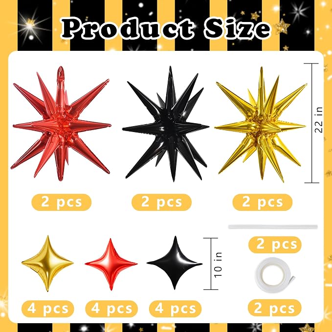 TONIFUL 22Inch 18Pcs Black Gold Red Explosion Star Mylar Balloons and 10Inch - Image 2