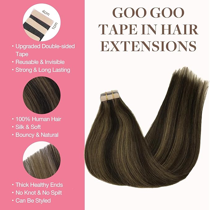 GOO GOO Tape in Hair Extensions Human Hair, 2/6 Dark Brown Highlighted Chestnut Brown, 18inch 50g 20pcs, Skin Weft Seamless Invisible, Silky Straight with Thick Ends, Remy Human Hair