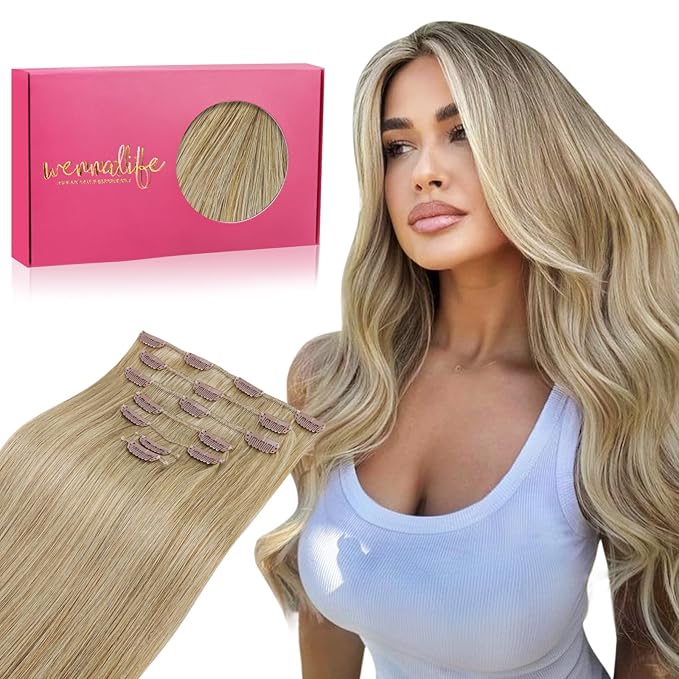 WENNALIFE Clip in Hair Extensions Real Human Hair, 18 Inch 120g 7pcs Dimensional Dirty Blonde Remy Hair Double Weft Straight Natural Extensiones De Cabello Humano Con Clip Ins