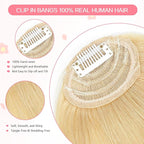 Clip in Bangs 100% Real Human Hair, French Bangs Hair Clip, Fake Bang Fringe with Temples Hairpieces for Women Daily Wear (Blonde, French Bangs)