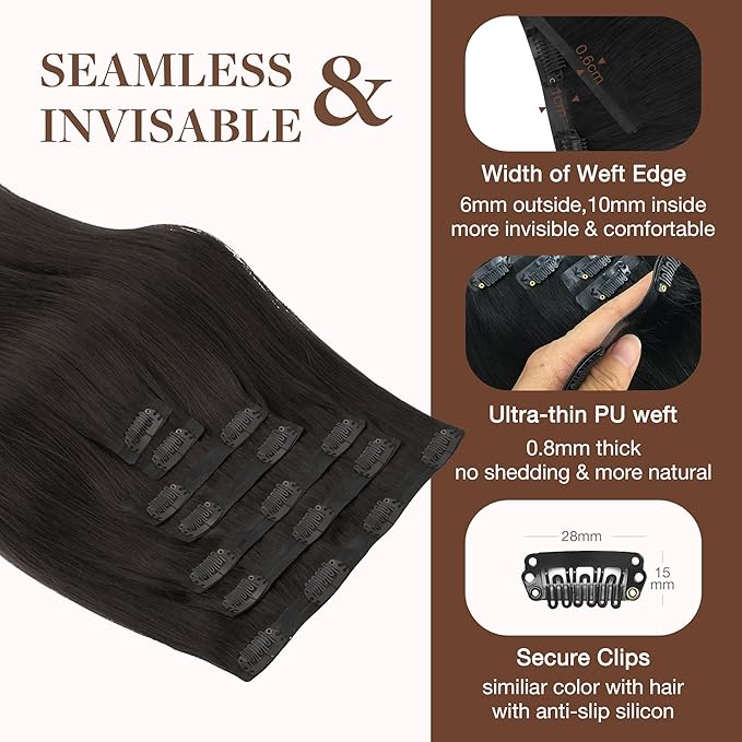 GOO GOO Clip in Hair Extensions Real Human Hair, Remy Human Hair Extensions Clip ins for Women, Natural Human Hair, 20inch 150g 7Pcs, 2 Dark Brown