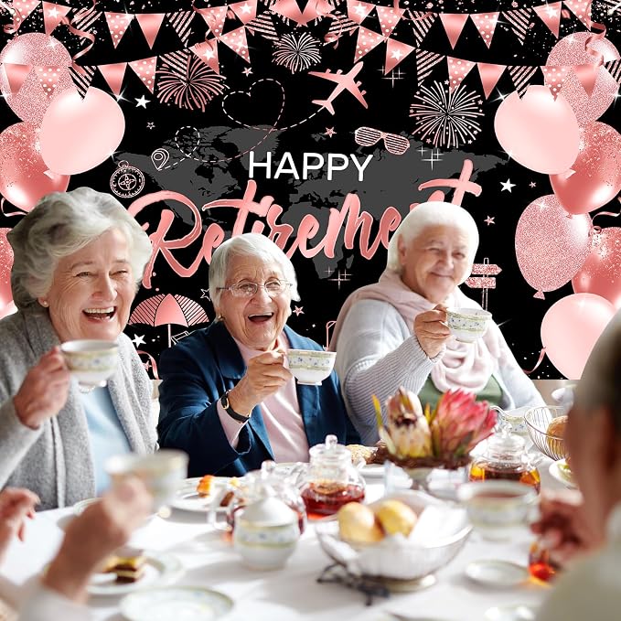 Mocsicka Happy Retirement Backdrop Pink Rose Gold Balloons Women Happy - Image 6