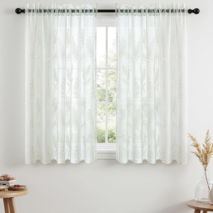 White Sheer Curtains Embroidered Leaf 2 Panels 54 Inches Long | Light Filtering by VISIONTEX