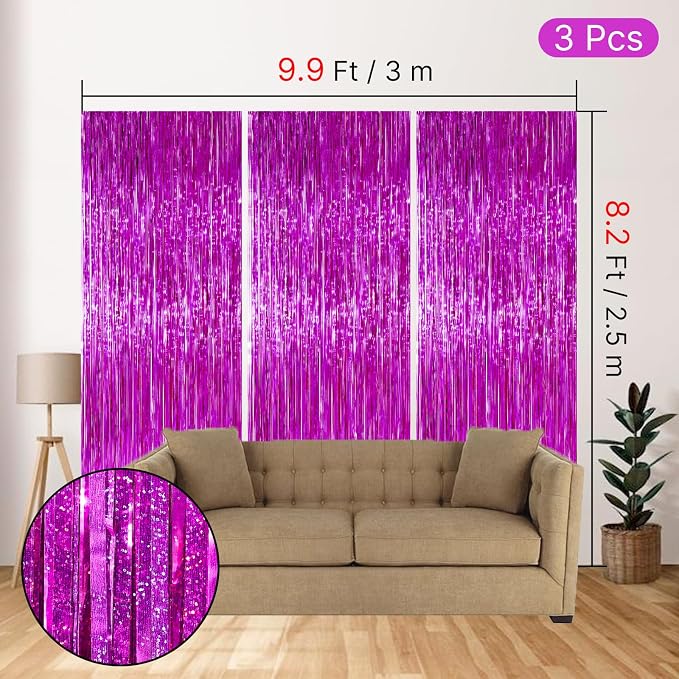 PartyWoo Hot Pink Foil Fringe Curtain Red Rose Tinsel Streamers 3pcs 8.2FT | - Image 4