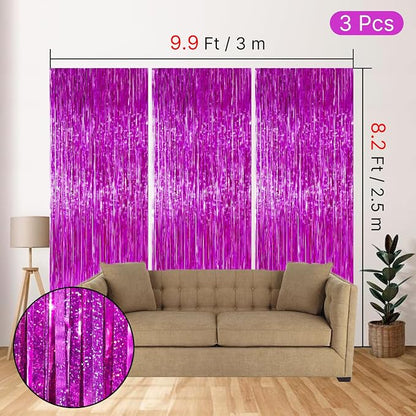 PartyWoo Hot Pink Foil Fringe Curtain Red Rose Tinsel Streamers 3pcs 8.2FT | - Image 4