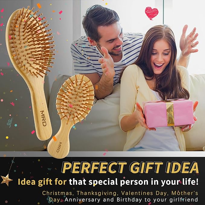 2Pcs Hair Brush, Natural Bamboo Hair brushes Set With Paddle Detangling Wooden Hairbrush and Mini Travel Size Brush, Massage Scalp Thick/Thin/Curly/Dry Hair For Women Men and Kids by MRD
