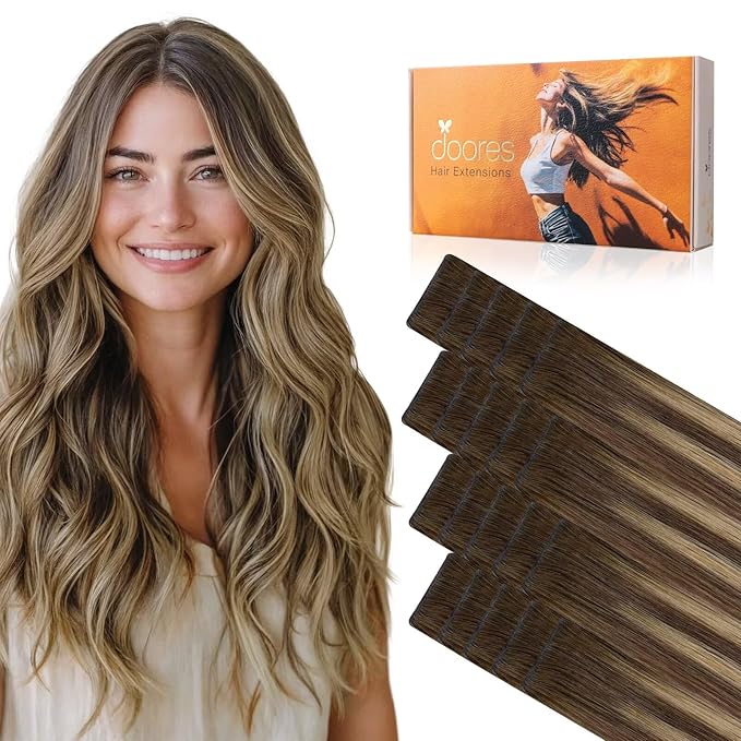 DOORES Invisi Edge Tape in Hair Extensions, Chocolate Brown to Caramel Blonde 10 Injection Tape-ins with 10 Injection Tape-ins 50g 22 Inch, Injected Tape in Extensions