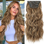 KooKaStyle Hair Extensions Medium Brown mix Caramel Blonde Clip in Synthetic Highlight Hair Extensions Long Wavy 4PCS Thick Hairpieces 20 Inch for Women