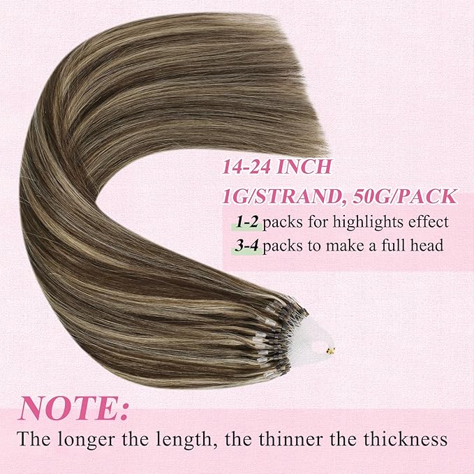 YoungSee Micro Link Hair Extensions Human Hair Brown Microbead Hair Extensions Human Hair Brown Highlight Blonde Beaded Hair Extensios 16In Micro Loop Hair Extension 50g 50s Remy Hair for Wedding