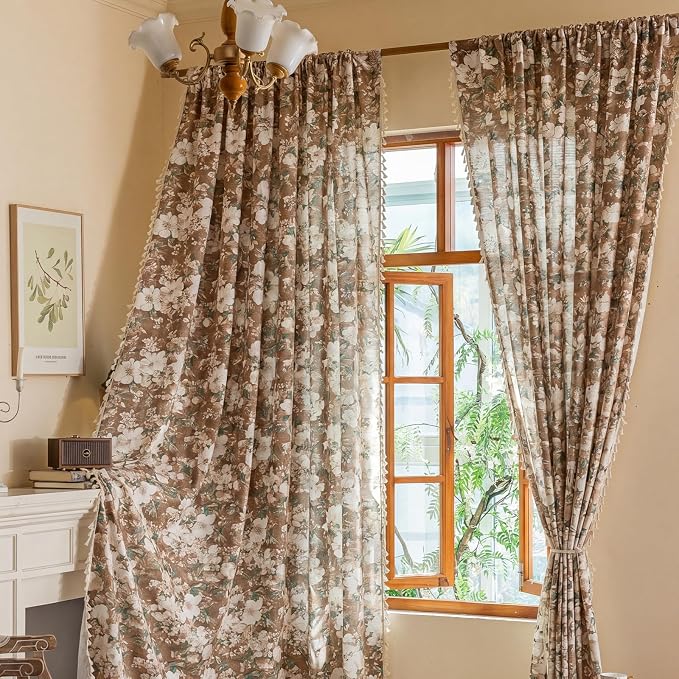 Floral Semi Sheer Rod Pocket Bedroom Curtains 84 Inch Length 2 Panels Set | - Image 4