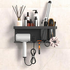 Hair Dryer Holder Wall Mounted Adhesive/Drilling, Hair Dryer Storage Organizer with Shelf & Hooks for Bathroom, Blow Dryer Holder, Hair Tool Organizer (Grey)