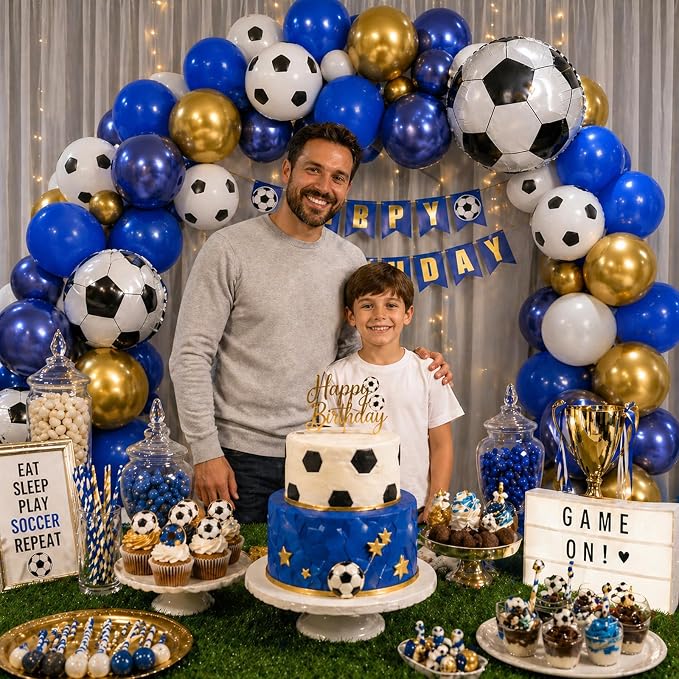 Soccer Balloons, 12 Inch Navy Blue Gold and White Football Theme Balloons - Image 4