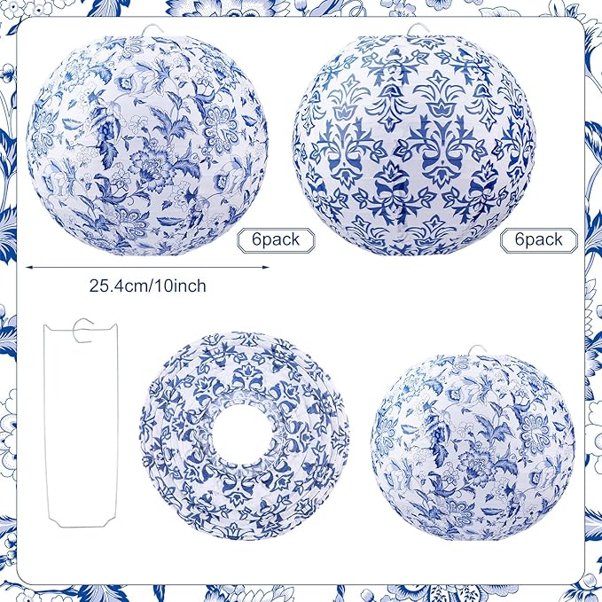 12 Pcs Chinoiserie Party Decor Blue White Porcelain Paper Lantern | 10" - Image 3