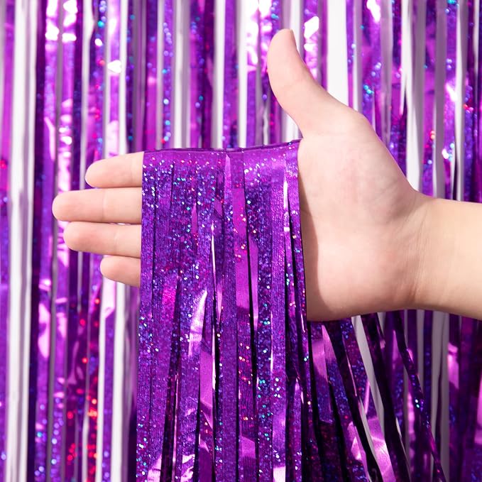 Voircoloria Laser Purple Foil Fringe Backdrop Curtains, 2 Pack | Tinsel - Image 2