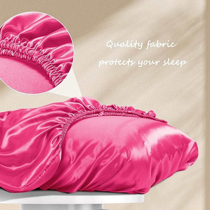 Manyshofu Satin Pillowcases for Hair Protection - 1Pcs Hot Pink Pillow Cases, Elastic Band Standard & Queen Satin Pillowcases Luxury Silky Pillow Cases Travel Pillow Covers