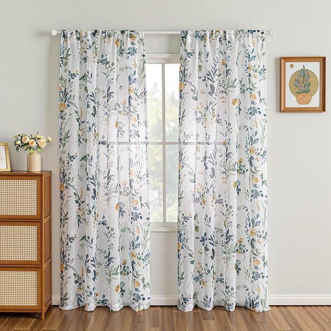 MYSKY HOME Yellow and Blue Sheer Floral Curtains 84 Inch Length 2 Panels | - Image 2