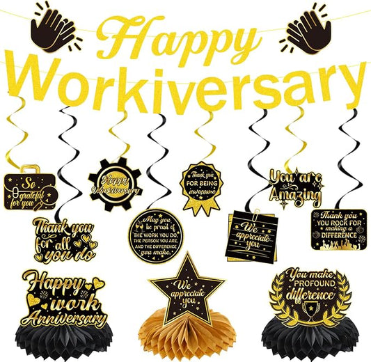 Work Anniversary Party Decorations Banners Swirls Honeycomb | Happy by Yoyuspy