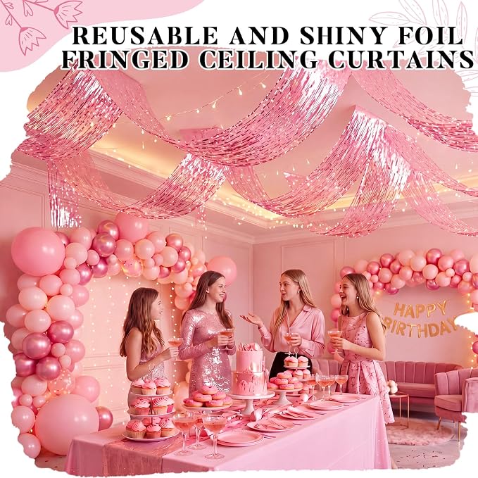 4 Pcs 15ft Pink Metallic Foil Ceiling Fringe Curtains, Party Decor Fringe Drapes - Image 6