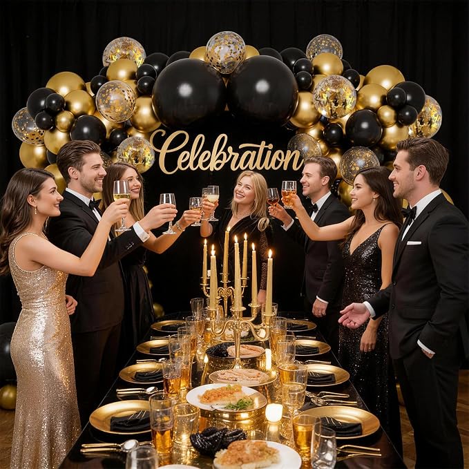 Black and Gold Balloons, 12 Inch Black and Metallic Chrome Gold Confetti - Image 8