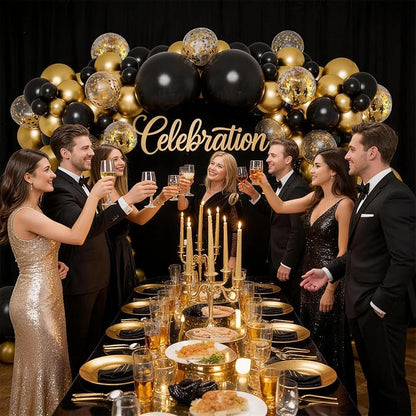 Black and Gold Balloons, 12 Inch Black and Metallic Chrome Gold Confetti - Image 8