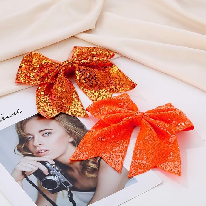Large Glitter Cheer Bows Clips, Jumbo Big 7 Inch Cheerleading Sequin Hair Bow Hair Accessories for Teens Girls Football Sports Cheerleader Outfit Uniform (Bright Orange)