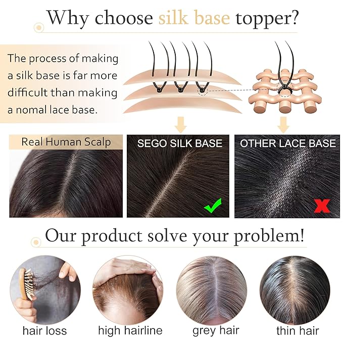 SEGO Human Hair Toppers for Women With Thinning Hair, 7 * 13CM Silk Base 100% Real Human Hair Clip in Top Wiglet Hairpieces -10 Inch No Bangs Medium Brown