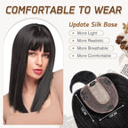 Rich Choices Real Human Hair Topper With Bang - 100% Remy Hair for Women With Thinning Hair - Clip in Silk Base 12 Inch #1 Jet Black