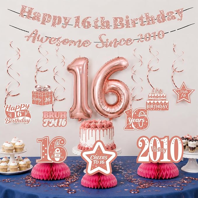16th Birthday Decorations For Girls, Pre-Strung Rose Gold Happy 16th Birthday & - Image 2
